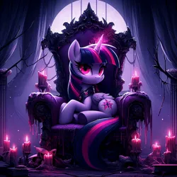 Size: 1024x1024 | Tagged: safe, ai content, derpibooru import, machine learning generated, twilight sparkle, pony, corrupted, corrupted twilight sparkle, female, g4, generator:dall-e 3, image, jpeg, mare, throne