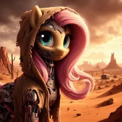 Size: 1024x1024 | Tagged: safe, ai content, derpibooru import, machine learning generated, fluttershy, cyborg, desert, g4, hood, image, jpeg, looking at you