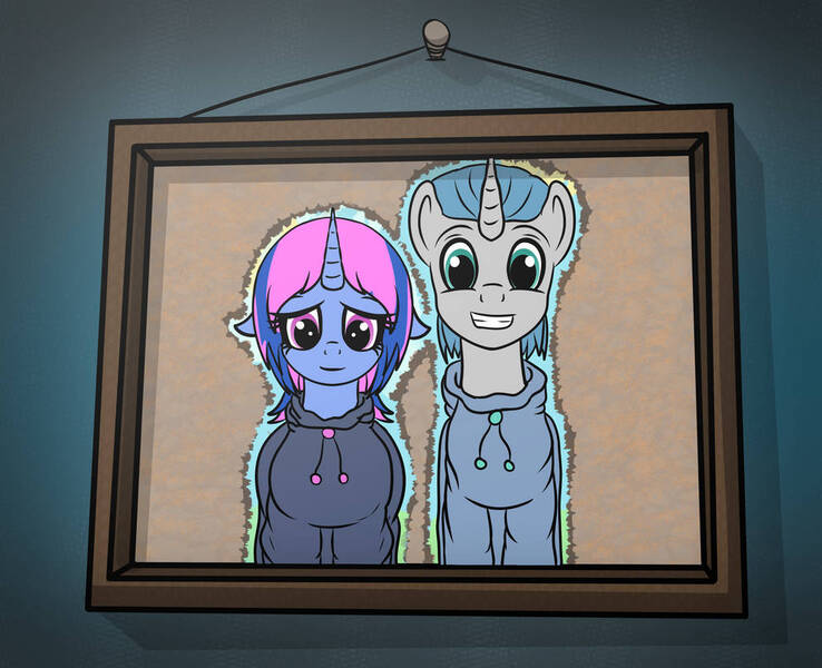 Size: 992x806 | Tagged: safe, artist:undisputed, derpibooru import, oc, oc:magnifying glass, oc:moonlight wish, unofficial characters only, pony, unicorn, clothes, cutout, duo, female, image, jpeg, male, mare, picture, picture frame, robes, smiling, stallion