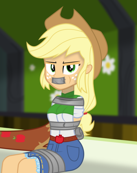 Size: 1200x1521 | Tagged: safe, artist:cardshark777, derpibooru import, applejack, equestria girls, applejack is not amused, applejack's bedroom, applesub, arm behind back, belt, blurry background, bondage, boots, bound and gagged, clothes, digital art, duct tape, femsub, g4, gag, helpless, image, lidded eyes, looking at you, png, shoes, sitting, skirt, solo, submissive, tape, tape bondage, tape gag, tied up, unamused, wiping