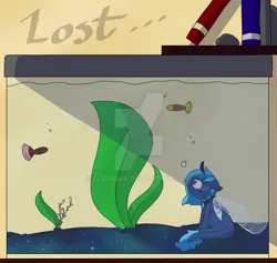 Size: 919x870 | Tagged: safe, artist:cloureed, derpibooru import, oc, oc:wandering rift, unofficial characters only, breezie, fish, original species, pony, skimmer, blue coat, blue mane, blue tail, braid, colored pupils, cover art, deviantart watermark, fanfic art, fish tank, guppy, image, jpeg, leonine tail, lost, obtrusive watermark, red eyes, sad, sitting, solo, tail, two toned mane, two toned tail, underwater, water, watermark