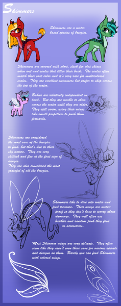 Size: 1789x4524 | Tagged: safe, artist:fuyusfox, derpibooru import, oc, unofficial characters only, breezie, original species, pony, skimmer, antennae, colored hooves, female, filly, flying, foal, gossamer wings, herbivore, image, leonine tail, male, mare, pale belly, png, reference sheet, scales, semi-open species, skimming, slit pupils, species reference, stallion, standing, tail, two toned mane, two toned tail, water, wings