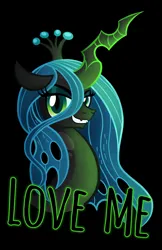 Size: 3532x5458 | Tagged: safe, alternate version, artist:drawponies, queen chrysalis, changeling, changeling queen, absurd resolution, black background, bust, female, glow, glowing horn, horn, image, png, simple background, solo, text