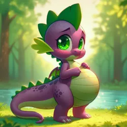Size: 4096x4096 | Tagged: safe, ai content, derpibooru import, machine learning generated, spike, dragon, belly, big belly, blushing, fat, fat spike, g4, generator:bing image creator, huge belly, image, jpeg, male, prompter:tgut, solo, stuffed
