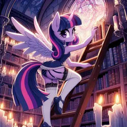Size: 1024x1024 | Tagged: suggestive, ai content, derpibooru import, machine learning generated, twilight sparkle, anthro, book, bookhorse, bookshelf, butt, candle, candlelight, clothes, garter belt, garters, high heels, image, jpeg, ladder, library, looking at you, nylon, panties, reaching, shoes, skirt, socks, stained glass, stockings, thigh highs, thighs, twibutt, underwear, upskirt, window