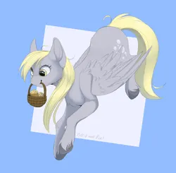 Size: 1996x1958 | Tagged: safe, artist:hard817, derpibooru import, derpy hooves, pegasus, pony, basket, blue background, cute, derpabetes, female, food, g4, image, mare, mouth hold, muffin, png, simple background, solo, unshorn fetlocks