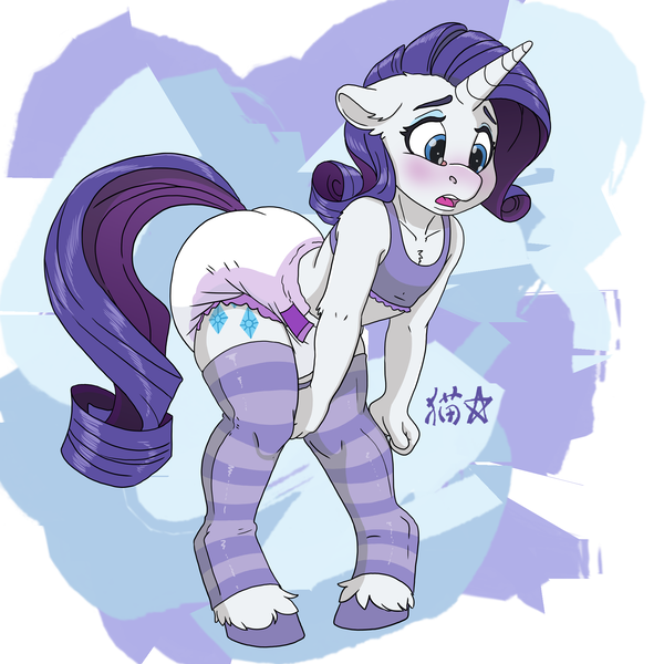 Size: 1900x1900 | Tagged: questionable, artist:stargal galexi, derpibooru import, rarity, anthro, pony, unguligrade anthro, unicorn, abstract background, arm fluff, bent over, blushing, chest fluff, clothes, diaper, diaper fetish, ear fluff, eyeshadow, female, fetish, floppy ears, g4, image, implied pooping, makeup, mare, non-baby in diaper, open mouth, png, poofy diaper, short shirt, socks, solo, stockings, striped socks, thigh highs, toeless legwear, toeless stockings, unshorn fetlocks