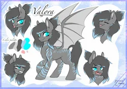 Size: 1879x1312 | Tagged: safe, artist:holomouse, derpibooru import, oc, oc:valora, bat pony, hybrid, pony, angry, cute, expressions, female, happy, image, jpeg, mare, reference sheet, solo, tongue out