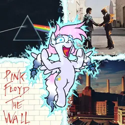 Size: 1080x1080 | Tagged: safe, artist:jargon scott, derpibooru import, oc, oc:heavy weather, album cover, animal, dragon ball, image, lightning, pigtails, pink floyd, png, powering up, super saiyan, the dark side of the moon, the wall, this will end in death, wish you were here