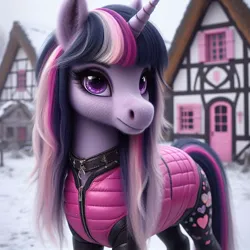 Size: 1024x1024 | Tagged: safe, ai content, machine learning generated, ponerpics import, ponybooru import, twilight sparkle, pony, unicorn, bing, clothed ponies, clothes, collar, female, fluffy, image, jpeg, mare, ponyville, snow, solo, unicorn twilight, winter outfit