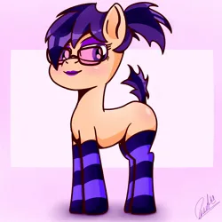 Size: 1280x1280 | Tagged: safe, derpibooru import, oc, oc:orange becrux, unofficial characters only, pony, g5, bisexual, clothes, g4, glasses, image, jpeg, lips, male, purple hair, raised tail, seductive look, socks, solo, tail