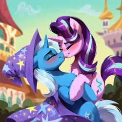 Size: 1024x1024 | Tagged: suggestive, ai content, derpibooru import, machine learning generated, prompter:chomp country, stable diffusion, starlight glimmer, trixie, pony, unicorn, blushing, canterlot castle, cape, clothes, duo, eyes closed, female, g4, generator:pony diffusion v6 xl, generator:purplesmart.ai, hat, image, kissing, lesbian, mare, png, shipping, startrix, trixie's cape, trixie's hat