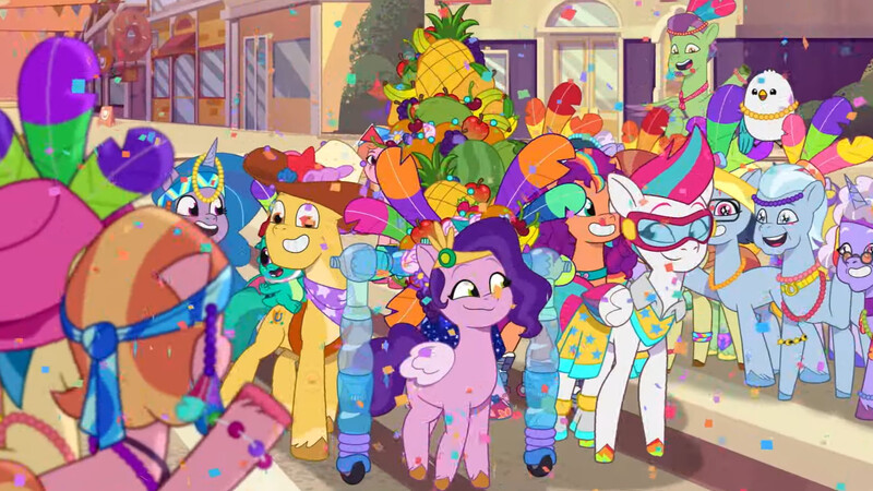 Size: 3072x1727 | Tagged: safe, derpibooru import, screencap, hitch trailblazer, izzy moonbow, kenneth, pipp petals, sparky sparkeroni, sunny starscout, unnamed character, zipp storm, bird, dragon, earth pony, pegasus, pony, seagull, unicorn, g5, my little pony: tell your tale, spoiler:g5, spoiler:my little pony: tell your tale, spoiler:tyts02e02, applejack (g5), baby, baby dragon, female, fluttershy (g5), goggles, grin, heavy is the mane that wears the fruit crown, image, jpeg, male, mane five, mane six (g5), mane stripe sunny, mare, misty brightdawn, open mouth, open smile, papa hitch, pinkie pie (g5), rainbow dash (g5), rarity (g5), rebirth misty, roller skates, royal sisters (g5), siblings, sisters, skates, smiling, stallion, starry eyes, twilight sparkle (g5), wingding eyes