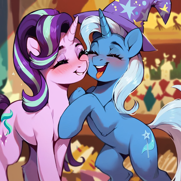 Size: 1024x1024 | Tagged: suggestive, ai content, derpibooru import, machine learning generated, prompter:chomp country, stable diffusion, starlight glimmer, trixie, pony, unicorn, blushing, cheek to cheek, clothes, duo, eyes closed, female, g4, generator:pony diffusion v6 xl, generator:purplesmart.ai, happy, hat, image, lesbian, mare, png, shipping, smiling, startrix, trixie's hat
