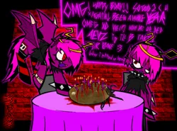 Size: 1160x858 | Tagged: grimdark, artist:xxv4mp_g4z3rxx, derpibooru import, oc, oc:violet valium, unofficial characters only, bat pony, pony, :3, bags under eyes, birthday, bleeding, blood, bracelet, candle, chair, clothes, collar, corpse, dead, dialogue, duo, ear piercing, eyeliner, fangs, flying, happy, headband, hoodie, hospital band, image, injured, makeup, numbers, open mouth, piercing, png, red eyes, scar, sitting, smiling, socks, speech bubble, spiked collar, spiked wristband, striped socks, table, tail, tick, torn clothes, two toned mane, two toned tail, vulgar, wristband, xd