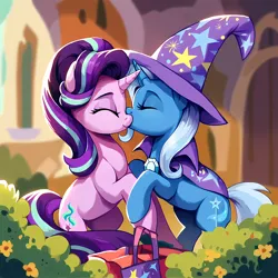 Size: 2048x2048 | Tagged: suggestive, ai content, derpibooru import, machine learning generated, prompter:chomp country, stable diffusion, starlight glimmer, trixie, pony, unicorn, cape, clothes, duo, eyes closed, female, g4, generator:pony diffusion v6 xl, generator:purplesmart.ai, hat, image, kiss on the cheek, kissing, lesbian, mare, png, shipping, startrix, trixie's cape, trixie's hat