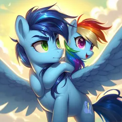 Size: 1024x1024 | Tagged: safe, ai content, derpibooru import, machine learning generated, prompter:*rainbow dash*, rainbow dash, soarin', pony, cloud, cloudy, female, generator:bing image creator, image, male, png, pony on pony action, shipping, smiling, soarindash, spread wings, straight, wings