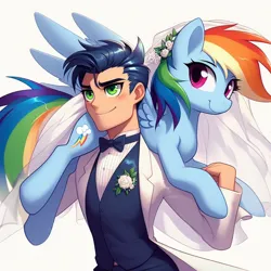 Size: 1024x1024 | Tagged: safe, ai content, derpibooru import, machine learning generated, prompter:*rainbow dash*, rainbow dash, soarin', human, pony, clothes, dress, female, generator:bing image creator, holding a pony, humanized, image, interspecies, male, png, pony on human action, rainbow dash always dresses in style, shipping, smiling, soarindash, straight, wedding dress, wedding suit