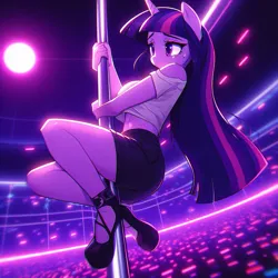 Size: 1024x1024 | Tagged: safe, ai content, derpibooru import, machine learning generated, twilight sparkle, anthro, unicorn, adorasexy, ashamed, bare shoulders, big breasts, breasts, busty twilight sparkle, clothes, club, cute, disco ball, female, g4, high heels, holding, image, lights, looking down, midair, midriff, nervous, no tail, png, prompter:horselover fat, sad, sadorable, sexy, shoes, short shirt, shorts, sideboob, solo, straddling, strip club, stripper, stripper pole, stupid sexy twilight, suspended, sweat, sweatdrop, tight clothing, unicorn twilight, unsure, white shirt