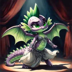 Size: 1024x1024 | Tagged: safe, ai content, derpibooru import, machine learning generated, spike, dragon, barb, belly dancer, belly dancer outfit, bra, bracelet, clothes, crossdressing, dancing, dragon tail, eyelashes, femboy spike, g4, generator:dall-e 3, image, indoors, jewelry, jpeg, male, prompter:tyto4tme4l, rule 63, solo, spike is not amused, spread wings, stage, stage light, tail, unamused, underwear, winged spike, wings
