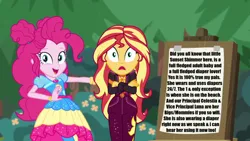 Size: 1920x1080 | Tagged: suggestive, anonymous artist, anonymous editor, derpibooru import, edit, edited edit, edited screencap, screencap, pinkie pie, sunset shimmer, human, equestria girls, equestria girls series, sunset's backstage pass!, spoiler:eqg series (season 2), abdl, accessory, belt, bush, canvas, clothes, diaper, diaper edit, diaper fetish, diaper under clothes, dress, exclamation point, eyebrows, eyelashes, eyes open, fetish, flower, forest, g4, geode of empathy, geode of sugar bombs, hair bun, happy, image, impact font, implied princess celestia, implied princess luna, implied principal celestia, implied vice principal luna, jacket, leather, leather jacket, leather pants, looking, looking at you, magical geodes, music festival outfit, nature, open mouth, outdoors, outfit, pants, png, shirt, sign, symbol, t-shirt, template, text, text edit, tree, wall of tags, wristband
