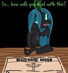 Size: 250x270 | Tagged: safe, artist:alumina nitride, derpibooru import, nightmare moon, queen chrysalis, black background, card, image, inscryption, pixel art, png, simple background, table, text