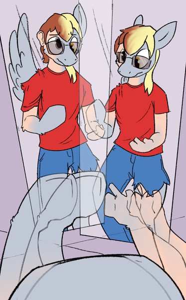 Size: 1632x2628 | Tagged: safe, artist:vanillayote, derpibooru import, derpy hooves, human, pegasus, pony, double vision, glasses, hand, heterochromia, high res, hooves, human to pony, image, mid-transformation, mirror, offscreen character, png, pov, reflection, solo, transformation, transgender transformation, wavy mouth