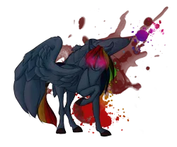 Size: 900x750 | Tagged: safe, artist:creepyfantasies, derpibooru import, rainbow dash, pegasus, pony, fanfic:rainbow factory, blood, fanfic art, glow, glowing horn, horn, image, png, rainbow factory dash, raised hoof, simple background, solo, spread wings, transparent background, unshorn fetlocks, wings