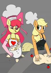 Size: 874x1240 | Tagged: safe, artist:stringbutter6, derpibooru import, apple bloom, applejack, anthro, earth pony, apple, apple sisters, apron, baking, clothes, female, food, image, jpeg, siblings, sisters, tongue out, wooden spoon