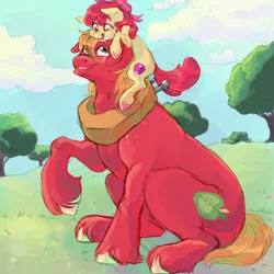 Size: 1600x1600 | Tagged: safe, artist:abbytabbys, derpibooru import, apple bloom, big macintosh, earth pony, pony, brother and sister, cloud, female, filly, foal, grass, image, jpeg, male, siblings, stallion, tree