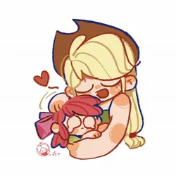 Size: 2048x2048 | Tagged: safe, artist:cloverieee, derpibooru import, apple bloom, applejack, human, apple sisters, comforting, crying, eyes closed, female, heart, hug, humanized, image, jpeg, siblings, simple background, sisters, white background