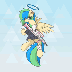 Size: 1000x1000 | Tagged: safe, artist:hcl, derpibooru import, oc, oc:hcl, unofficial characters only, pegasus, pony, animated, clothes, gif, heterochromia, image, sailor uniform, solo, uniform, weapon