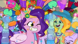 Size: 3072x1727 | Tagged: safe, derpibooru import, screencap, pipp petals, unnamed character, earth pony, pegasus, pony, unicorn, g5, my little pony: tell your tale, spoiler:g5, spoiler:my little pony: tell your tale, spoiler:tyts02e02, eyes closed, female, filly, foal, grin, heavy is the mane that wears the fruit crown, image, jpeg, male, mare, one eye closed, open mouth, open smile, smiling, stallion, sugarpuff lilac, wink