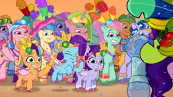 Size: 3072x1727 | Tagged: safe, derpibooru import, screencap, pipp petals, unnamed character, earth pony, pegasus, pony, unicorn, g5, my little pony: tell your tale, spoiler:g5, spoiler:my little pony: tell your tale, spoiler:tyts02e02, eyes closed, female, filly, foal, glory (g5), grin, heavy is the mane that wears the fruit crown, image, jpeg, male, mare, mobile phone, peach fizz, phone, pippsqueak trio, seashell (g5), selfie stick, smartphone, smiling, stallion
