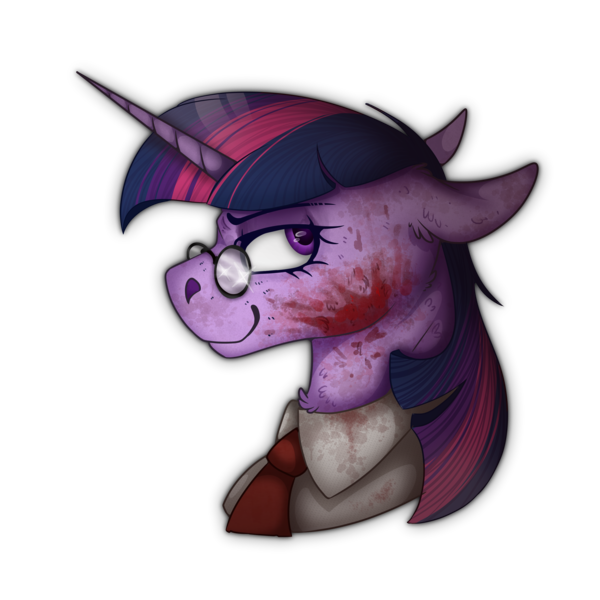 Size: 2300x2300 | Tagged: semi-grimdark, artist:molars, derpibooru import, twilight sparkle, pony, unicorn, blood, bust, clothes, commission, floppy ears, glasses, image, medic, necktie, png, portrait, shirt, smiling, smirk, smug, team fortress 2