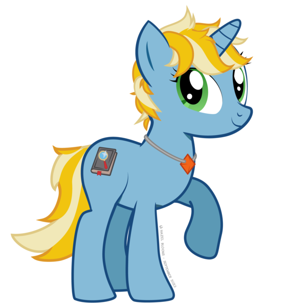 Size: 1979x2086 | Tagged: safe, artist:hazel bloons, derpibooru import, oc, oc:sunny dawn, unofficial characters only, pony, unicorn, blue coat, cutie mark, derpibooru exclusive, female, green eyes, horn, image, jewelry, looking at you, necklace, png, raised leg, simple background, smiling, solo, standing, tail, transparent background, yellow mane, yellow tail