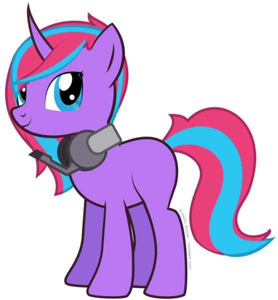 Size: 1938x2086 | Tagged: safe, artist:hazel bloons, derpibooru import, oc, unofficial characters only, unicorn, 2023, female, headset, heterochromia, image, looking at you, png, purple coat, signature, simple background, solo, standing, tail, transparent background, two toned mane, two toned tail