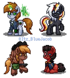 Size: 1100x1220 | Tagged: safe, derpibooru import, edit, oc, oc:calamity, oc:littlepip, oc:red eye, oc:velvet remedy, unofficial characters only, earth pony, pegasus, pony, unicorn, fallout equestria, pony town, ashes town, clothes, cowboy hat, female, flying, gun, handgun, hat, image, jumpsuit, levitation, little macintosh, magic, male, mare, pipbuck, png, revolver, stallion, telekinesis, vault suit, weapon, wings
