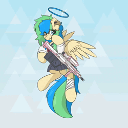 Size: 1000x1000 | Tagged: safe, artist:hcl, pegasus, animated, assault rifle, bandaged leg, blue archive, clothes, gun, halo, heterochromia, image, mp4, multicolored mane, multicolored tail, rifle, school uniform, weapon