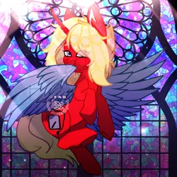 Size: 1000x1000 | Tagged: safe, artist:rosebutterfly014, derpibooru import, alicorn, pony, covering, flying, glare, image, light, png, stained glass, wing covering, wings