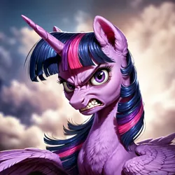 Size: 1024x1024 | Tagged: safe, ai content, anonymous prompter, derpibooru import, machine learning generated, twilight sparkle, twilight sparkle (alicorn), alicorn, pony, angry, bust, cloud, detailed, female, furious, g4, generator:pony diffusion v6 xl, gritted teeth, image, looking at you, mare, png, portrait, scowl, solo, solo female, teeth, wings