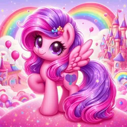 Size: 1086x1080 | Tagged: safe, ai content, derpibooru import, edit, machine learning generated, oc, oc:emilia starsong, pegasus, pony, balloon, castle, cloudcity, fantasy world, female, generator:bing image creator, girly girl, glitter, happy, image, jpeg, long hair, looking at you, pegasus oc, pink, pink fur, prompter:emilia starsong, rainbow, solo, solo female, stars, wings