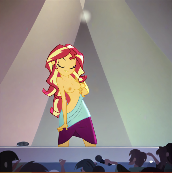 Size: 1408x1414 | Tagged: questionable, ai content, machine learning generated, stable diffusion, sunset shimmer, human, equestria girls, aroused, audience, busty sunset shimmer, dress pulled down, exhibitionism, exposed breasts, eyes closed, horny, image, lip bite, nightclub, nudity, png, porn star, seductive pose, sexy, show accurate porn, smiling, solo, stage, stage light, standing, stripper, stripping, undressing