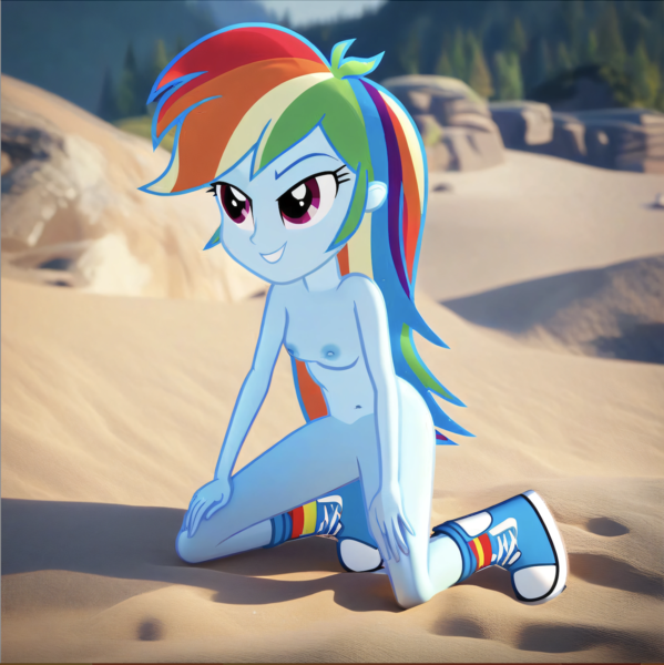 Size: 1410x1412 | Tagged: questionable, ai content, machine learning generated, stable diffusion, rainbow dash, equestria girls, beach, beach babe, beckoning, busty rainbow dash, complete nudity, exhibitionism, hand on leg, horny, image, kneeling, nude beach, nudist rainbow dash, nudity, png, sand, seductive pose, sexy, show accurate porn, smirk, sneakers, solo, sunbathing
