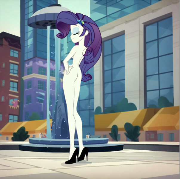 Size: 1404x1398 | Tagged: questionable, ai content, machine learning generated, stable diffusion, rarity, human, equestria girls, beckoning, behind, black high heels, building, city, complete nudity, exhibitionism, eyes closed, fountain, from behind, hand on hip, horny, houses, image, manehattan, nudist rarity, nudity, png, pose, sexy, show accurate porn, skyscrapers, smiling, solo, standing, town hall, tree