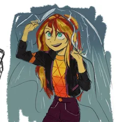 Size: 948x1000 | Tagged: safe, artist:tttthunderbolt, derpibooru import, sunset shimmer, human, equestria girls, clothes, female, image, jacket, jpeg, open mouth, pants, smiling, solo