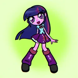 Size: 1000x1000 | Tagged: safe, artist:tttthunderbolt, derpibooru import, twilight sparkle, human, equestria girls, blue hair, clothes, full body, green background, image, leg warmers, open mouth, open smile, png, purple hair, purple skin, shirt, simple background, skirt, smiling, solo