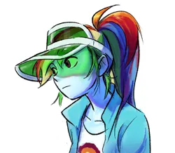 Size: 1250x1088 | Tagged: safe, artist:tttthunderbolt, derpibooru import, rainbow dash, human, equestria girls, blue skin, bust, cap, clothes, hat, image, jacket, multicolored hair, png, ponytail, rainbow hair, simple background, solo, white background