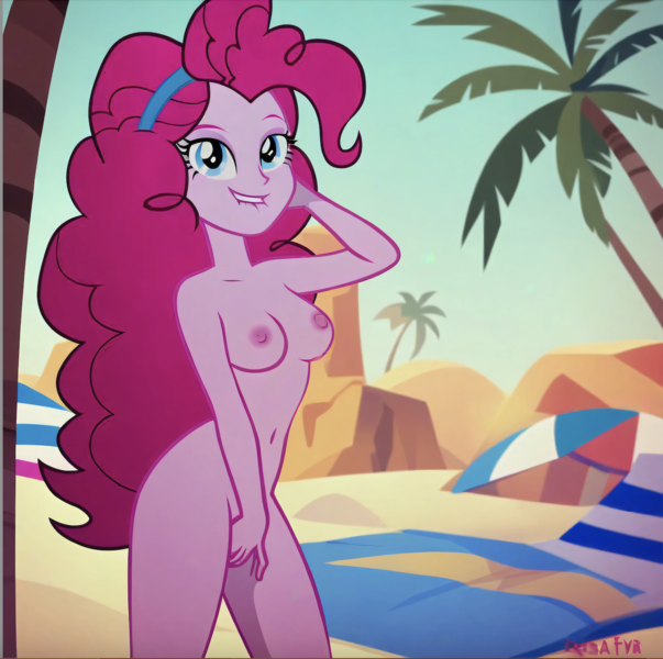 Size: 1414x1408 | Tagged: questionable, ai content, machine learning generated, stable diffusion, pinkie pie, human, equestria girls, arm behind head, beach, beach babe, beach towel, beckoning, busty pinkie pie, complete nudity, exhibitionism, flirty, hand in hair, horny, image, inviting, lip bite, masturbation, nudity, outdoor masturbation, palm tree, png, sexy, show accurate porn, smirk, solo, standing, sunbathing