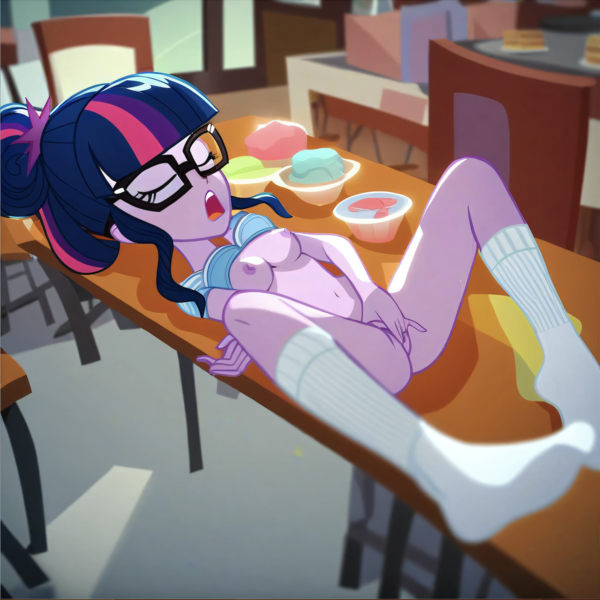 Size: 1400x1400 | Tagged: explicit, ai content, machine learning generated, stable diffusion, sci-twi, twilight sparkle, human, equestria girls, 50s diner, beckoning, blue bra, busty sci-twi, busty twilight sparkle, dining room, dining table, ecstasy, exhibitionism, exposed breasts, eyes closed, horny, ice cream sundae, image, lying down, lying on table, masturbation, moaning, moaning in pleasure, nudity, png, seductive pose, sexy, show accurate porn, solo, spread legs, white socks